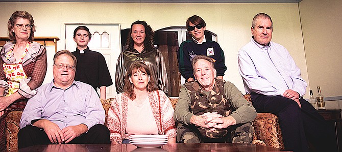 Carson Valley Communinity Theatre's production "Making God Laugh" cast: Top row; Rachelle Resnick - Ruthie (mom), Mackenzie Evans - young Thomas, Jordan Washington - young Maddie, Cash Bourquin - young Richard, Larry Lippman - Bill (father). Seated: Kwaz - older Thomas,Amy Sando - older Maddie,and Tim Pepper-older Richard.