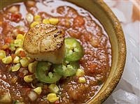 Gazpacho with sauteed scallops offers a tasty slice of Spain