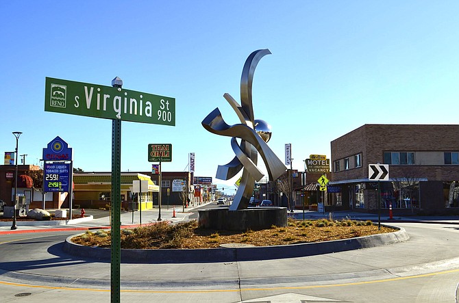 The Virginia Street Project included construction of a roundabout at Marr and Center streets in Midtown. Inside the roundabout is a large-scale steel sculpture, titled Reciprocity, which was done by artist Hunter Brown and installed by the city of Reno.