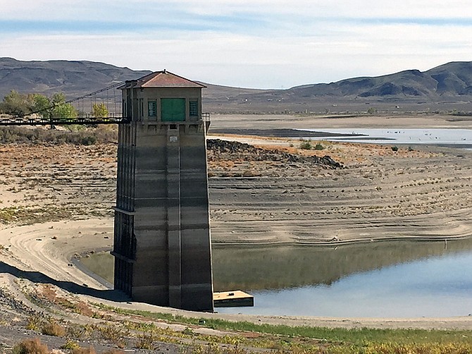 The Lahontan Reservoir is fed by the Carson River and by the Truckee River with water diversions from the Derby Dam, supplying water for irrigation. Pictured here in 2014, in the third year of a four-year drought, much of the lake was dry.