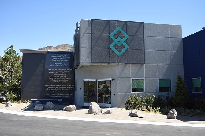 Exterior view of the front of the office building for Blockchains LLC, a company that purchased about 67,000 acres of land in the Tahoe-Reno Industrial Center in 2018.