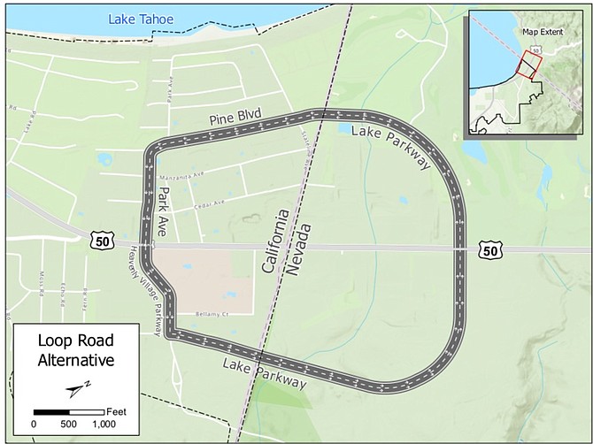 A map of South Lake Tahoe's proposed version of the Loop Road at Lake Tahoe.