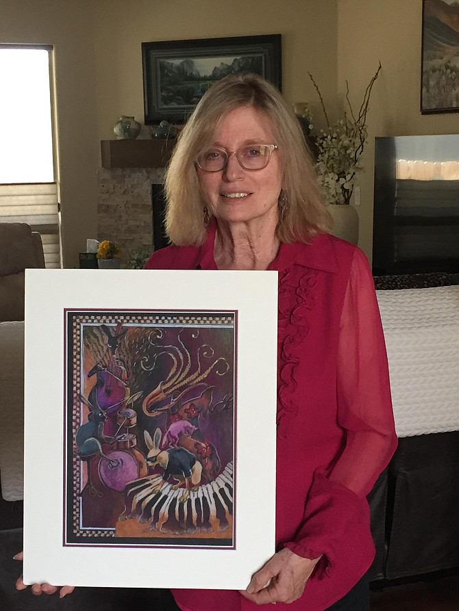 Artist Karen Kreyeski shows her winning artwork, “After Midnight Jam,” used for the cover of the 2020 Jazz & Beyond program.