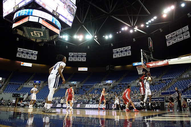 Photo: University of Nevada
The Nevada men’s basketball team, shown against UNLV in Reno on Jan. 31, is scheduled to return to the court this weekend after a two-week, COVID-19-related break.