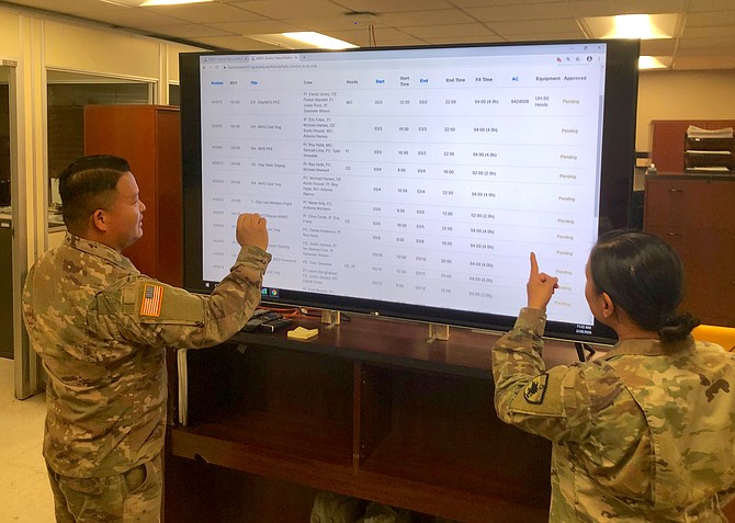 Members of the U.S. National Guard look at a flight schedule using Luluis Innovation’s Aviation Status Dashboard, the Reno-based tech startup’s flagship product.