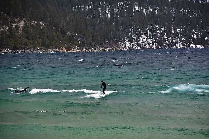 Surfers take advantage of Monday's winds at Lake Tahoe.