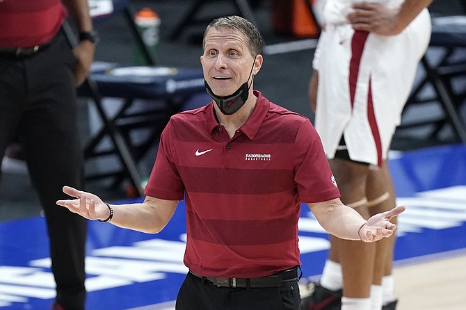 Arkansas head coach Eric Musselman reacts to a call in the second half of an NCAA college basketball game against Missouri in the Southeastern Conference Tournament Friday, March 12, 2021, in Nashville, Tenn. (AP Photo/Mark Humphrey)