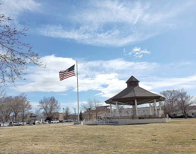 The big flag in Minden Park was flying in the breeze on March 18 as Carson Valley experienced the final days of winter 2020-21 in this photo by Chambers Field resident Christine Banker.
