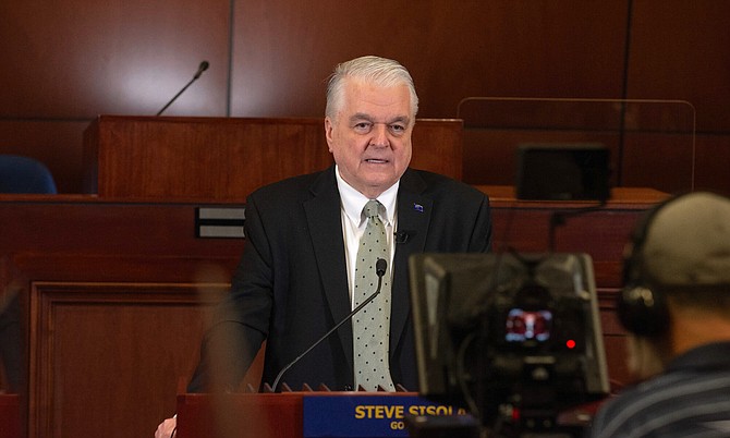 Nevada Gov. Steve Sisolak records his State of The State address inside the Assembly Chamber at the Nevada Legislature on Jan. 16, 2021.