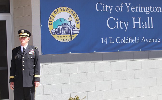 Retired Maj. Gen. Robert Herbert stands in front of the Yerington City Hall, which is named after the longtime Nevada guardsman.(Photo: Steve Ranson / LVN)