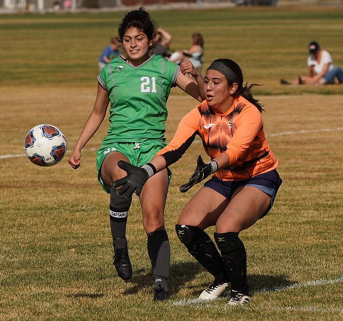 Fallon's Bianca Lopez tries to beat Fernley's goalie to the ball in Friday's game.