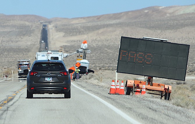 Steve Ranson/LVN
Vehicles line up on a section of U.S. Highway 95 north of Schurz as repaving work continues.