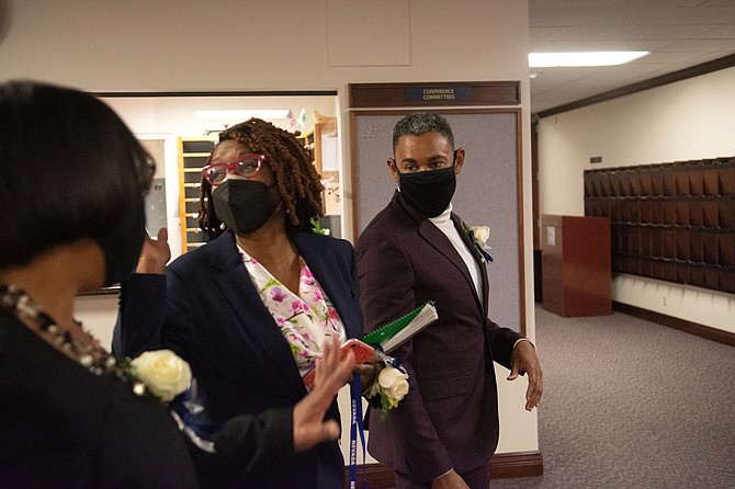 Assemblyman Cameron (C.H.) Miller, right, Shondra Summers-Armstrong, center, and Daniele Monroe-Moreno on the first day of the 81st session of the Legislature in Carson City on Monday, Feb. 1, 2021.