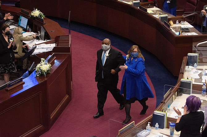 Assembly Speaker Jason Frierson and Assemblywoman Maggie Carlton on the first day of the 81st session of the Legislature in Carson City on Monday, Feb. 1, 2021.