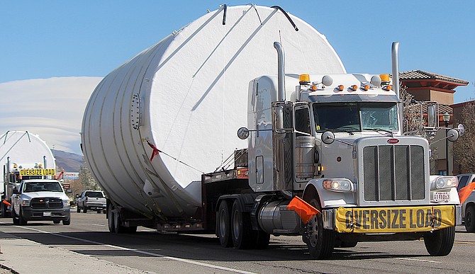 Two large storage tanks were transported through Gardnerville and Minden on Wednesday.