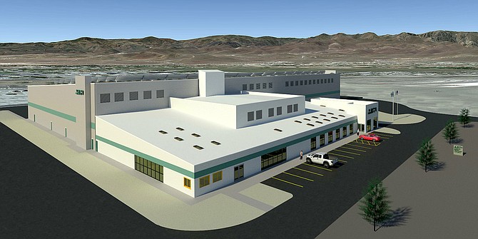 A rendering of American Battery Technology Company’s 60,000-square-foot lithium-ion battery recycling plant it is planning to build in Fernley.