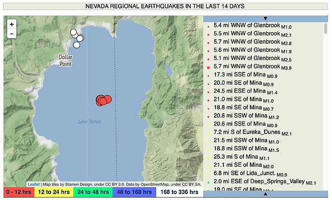 The University of Nevada, Reno, Seismology Lab reported a 3.93 earthquake centered on the middle of Lake Tahoe.