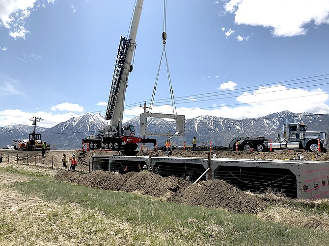 The last segment of the box culvert that will convey Cottonwood Slough under Highway 88 was installed last weekend. 
Jon Erb/Douglas County Photo