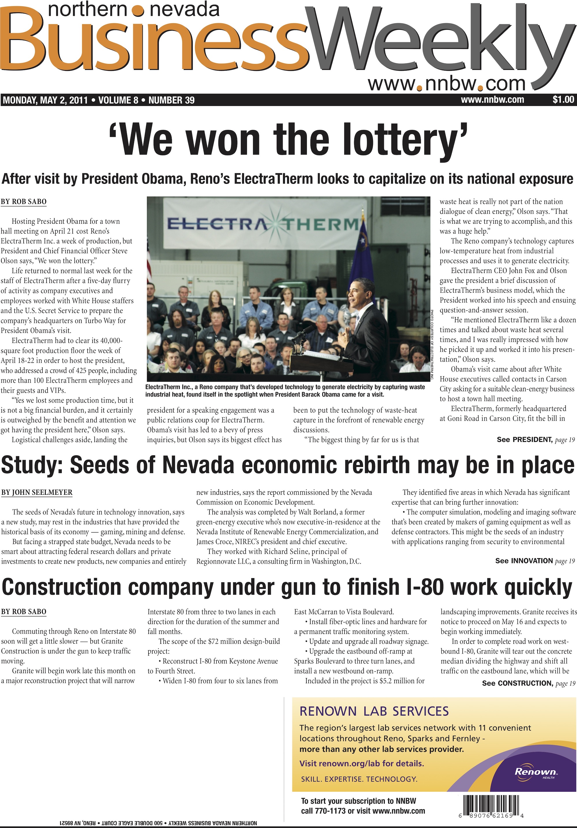 Past Pages May 2 11 Obama Visits Reno S Electratherm New Owner For Anaconda Mine Serving Northern Nevada