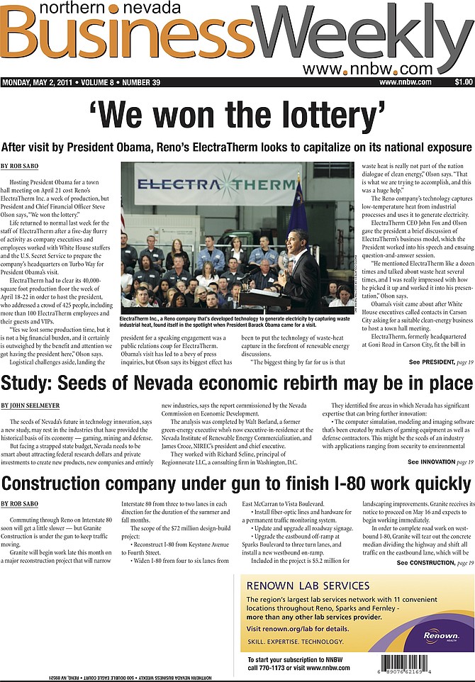 The cover of the May 2, 2011, edition of the Northern Nevada Business Weekly.