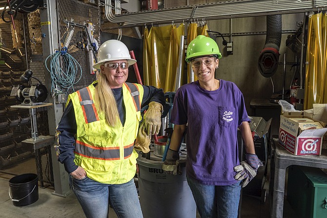 Union electricians Michelle Abell, left, and Nicole Perez of IBEW Local 401 in Reno-Sparks pose for an image that’s been used on billboards across Reno-Sparks and other marketing materials to promote the Women Build Nevada organization and the importance of increasing female roles within the construction industry.