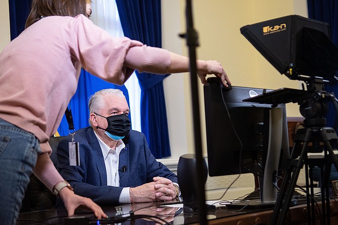 Governor Steve Sisolak during a virtual signing ceremony for AB 106 inside the Capitol building in Carson City on Friday, Feb. 12, 2021.