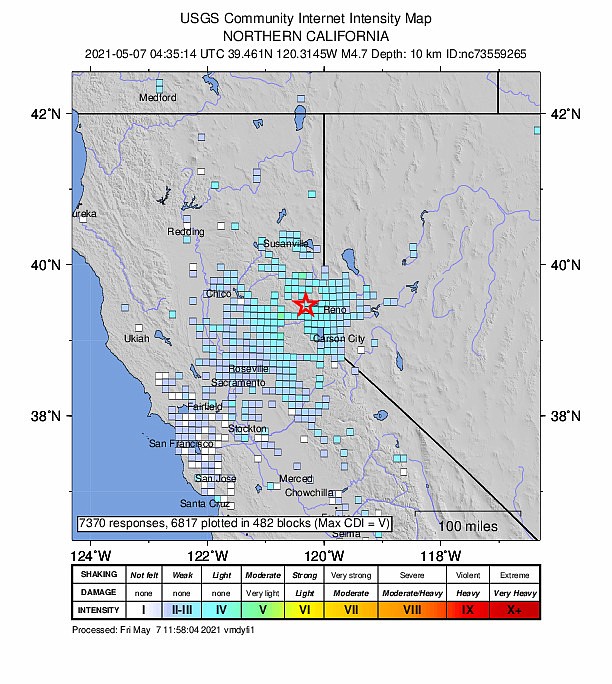 The extent where people reported the earthquake north of Truckee to the U.S. Geological Survey's Did You Feel It web site at https://earthquake.usgs.gov/earthquakes/eventpage/nc73559265/tellus