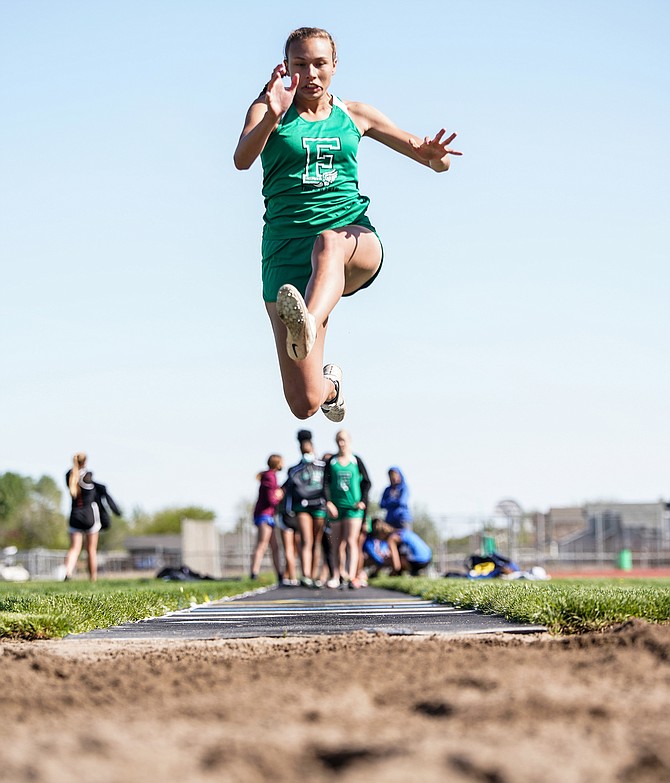 Fallon's Jessalyn Lewis wins the long jump event in Saturday's three-team meet at the Edward Arciniega Athletic Complex.