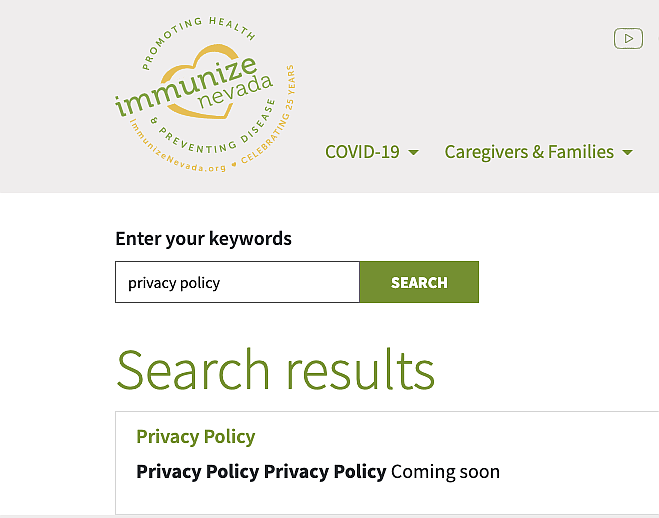 A screenshot Thursday from the Immunize Nevada website.