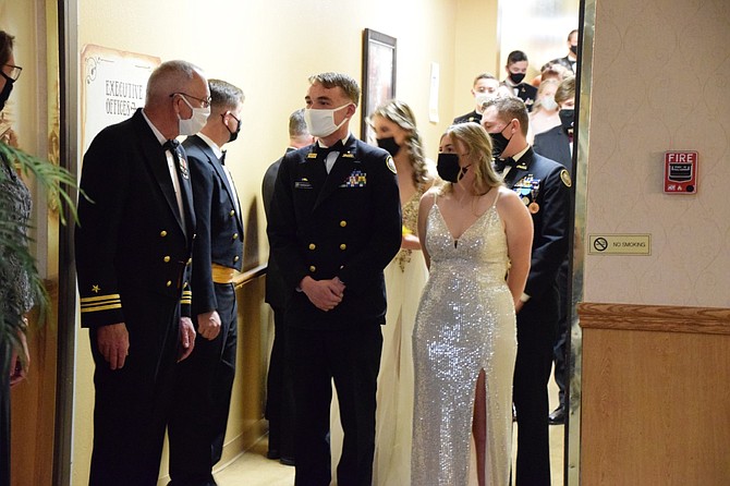 CHS NJROTC cadet Cash Farnworth and his guest Caydee Farnworth introduce themselves at the Annual Naval Ball