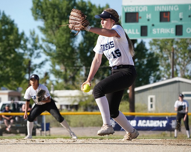 Oasis Academy’s Emily Payne pitched the Bighorns to a sweep over Smith Valley last week as they host Wells on Thursday in the playoffs.