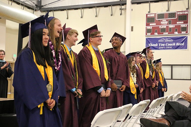 Sierra Lutheran’s Class of 2021 graduates are presented after receiving their diplomas Saturday. Jessica Garcia/Nevada Appeal