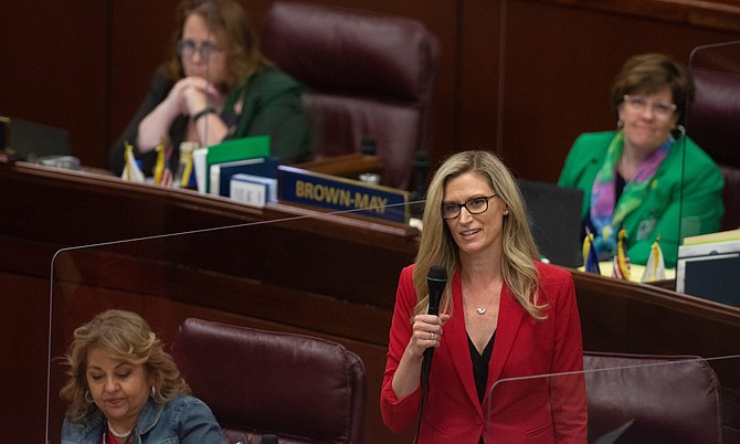 Republican assemblywoman Jill Tolles of Reno speaks on the final day of the 81st session of the Legislature on Monday, May 31, 2021, in Carson City.