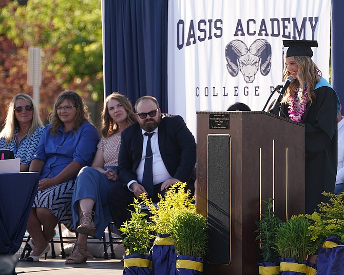 Oasis Academy senior Sadie O’Flaherty gives her valedictorian speech during Thursday’s ceremony.