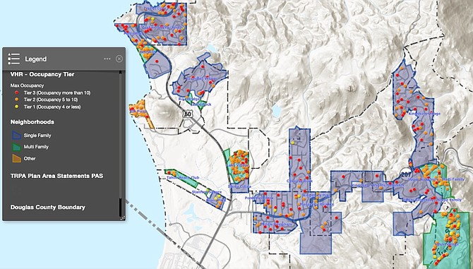 A map showing where current VHR permits are located in Tahoe Township is available at https://douglasnvgis.maps.arcgis.com/apps/webappviewer/index.html?id=cdb135c153e94cedad09c9356c7fb7a7 County commissioners are scheduled to discuss the final reading of the new ordinance today in Minden.