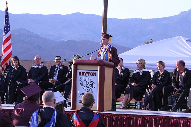 Valedictorian Tyler Logan gives his address to his fellow graduates encompassing a brief review of their time during their four years in high school and quoting Dr. Seuss in encouraging friends about moving their mountains. (Photo: Jessica Garcia/Nevada Appeal)