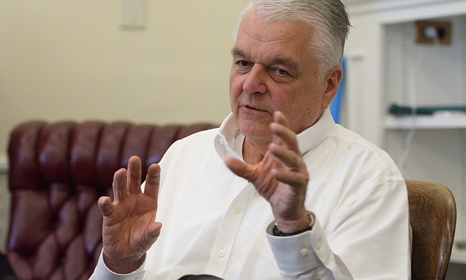 Gov. Steve Sisolak speaks at a roundtable discussion with reporters about the 2021 session in Carson City on June 1, 2021.