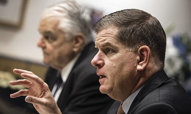 U.S. Secretary of Labor Marty Walsh, right, and Gov. Steve Sisolak announce a workforce grant during a roundtable at the College of Southern Nevada on Tuesday, June. 22, 2021.