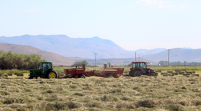 Ranchers below Genoa cut and bale the hay crop on Tuesday. Fields across Carson Valley are seeing the first cutting harvested.