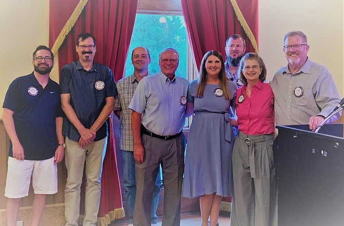 2021-2022 Rotary Club of Carson City Board of Directors. From left: Garrett Lepire, Board member; John Copoulos, Board member; Jon Ruiter, Board member; Nathan Rakestraw, Sergeant at Arms; Amanda Jacobson, Secretary; Mike Pelham, Treasurer; Rachelle Resnick, Past-President and Rich Perry, President.
