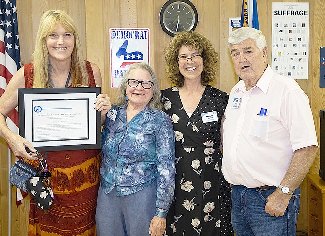 Douglas County Democratic Party Chair Emeritus Kimi Cole, with emeritus member Dotty Dennis, Chairwoman Donna Weidner and emeritus member Gim Hollister.