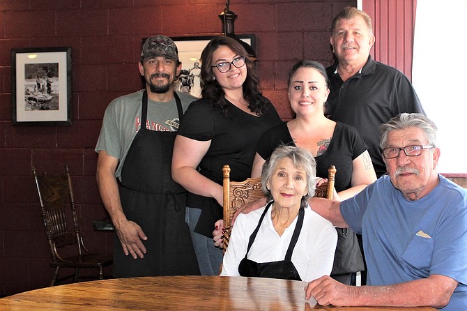 Meet Carson City Joe’s Team: back row, from left: Cook Rocky, server Jordan Meshberger, server Alicia Lorca, partner and nephew Bill Griggs. Seated: Owners Bonnie and Joe France.