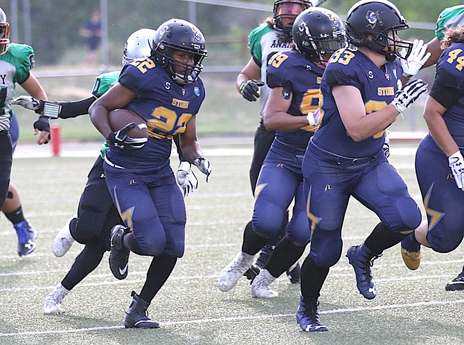 Jasmine Plummer plays running back during a Nevada Storm football game during the 2019 season. This year, Plummer and the Reno-based football team of the Women’s Football Alliance are headed to Division II Championship game against the Detroit Dark Angels on July 23 at the Pro Football Hall Fame in Canton, Ohio.