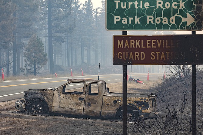 A truck that was parked along Highway 89 near the entrance to Turtle Rock Park was destroyed in the Tamarack Fire on Saturday night.