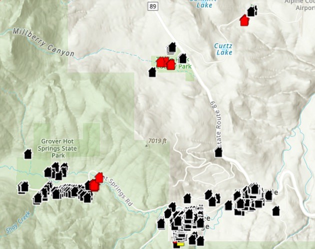 A map of damaged and destroyed structures has been released by Alpine County.