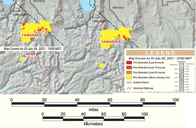 Satellite mapping shows a reduction in the amount of active fire on the Tamarack Fire on Sunday morning.