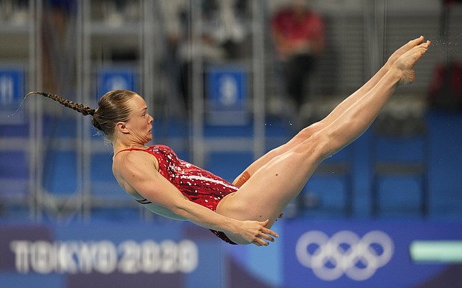Krysta Palmer of the United States' competes in women's diving 3m springboard semifinal at the Tokyo Aquatics Centre at the 2020 Summer Olympics, Saturday, July 31, 2021, in Tokyo, Japan.
