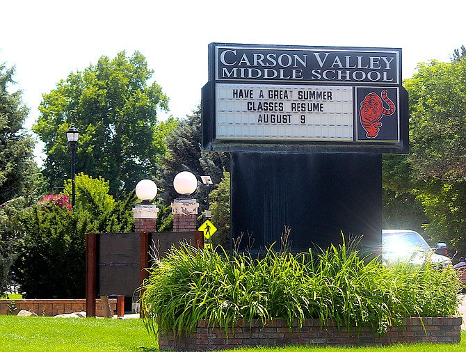 The sign in front of Carson Valley Middle School in Gardnerville welcomes students back on Aug. 9.