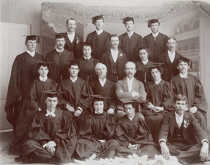 Gertrude Hironymous, who later married Fred Dangberg, stands in the third row, third person from left, in the only known photograph of the 1896 University of Nevada graduating class. She will be portrayed by Kim Harris at the Dangberg Art Round Up on Aug. 21. Dangberg Home Ranch Historic Park photo