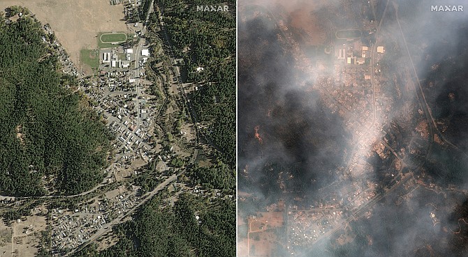 A satellite image provided by Maxar Technologies shows from left, overview of Greenville, Calif., before the wildfires on Oct. 31, 2018 and overview of Greenville, during the Dixie Wildfires on Monday, Aug. 9, 2021. (Satellite image ©2021 Maxar Technologies via AP)